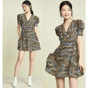 SALONI Lea 100% Silk Crepe Mini Wrap Dress in Ink Tiger Print - Size US 4